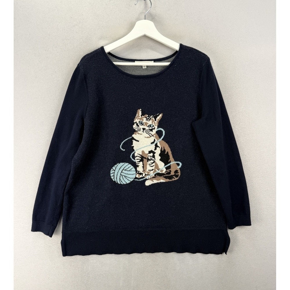 Astrologie Cat Yarn Graphic Sweater Women's Sz XL Navy Blue Knit Pullover Cute